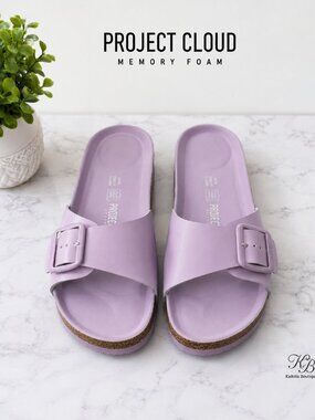 Project Cloud Mykonos.A Lavender Leather Memory Foam Slide Sandals Womens 8 39